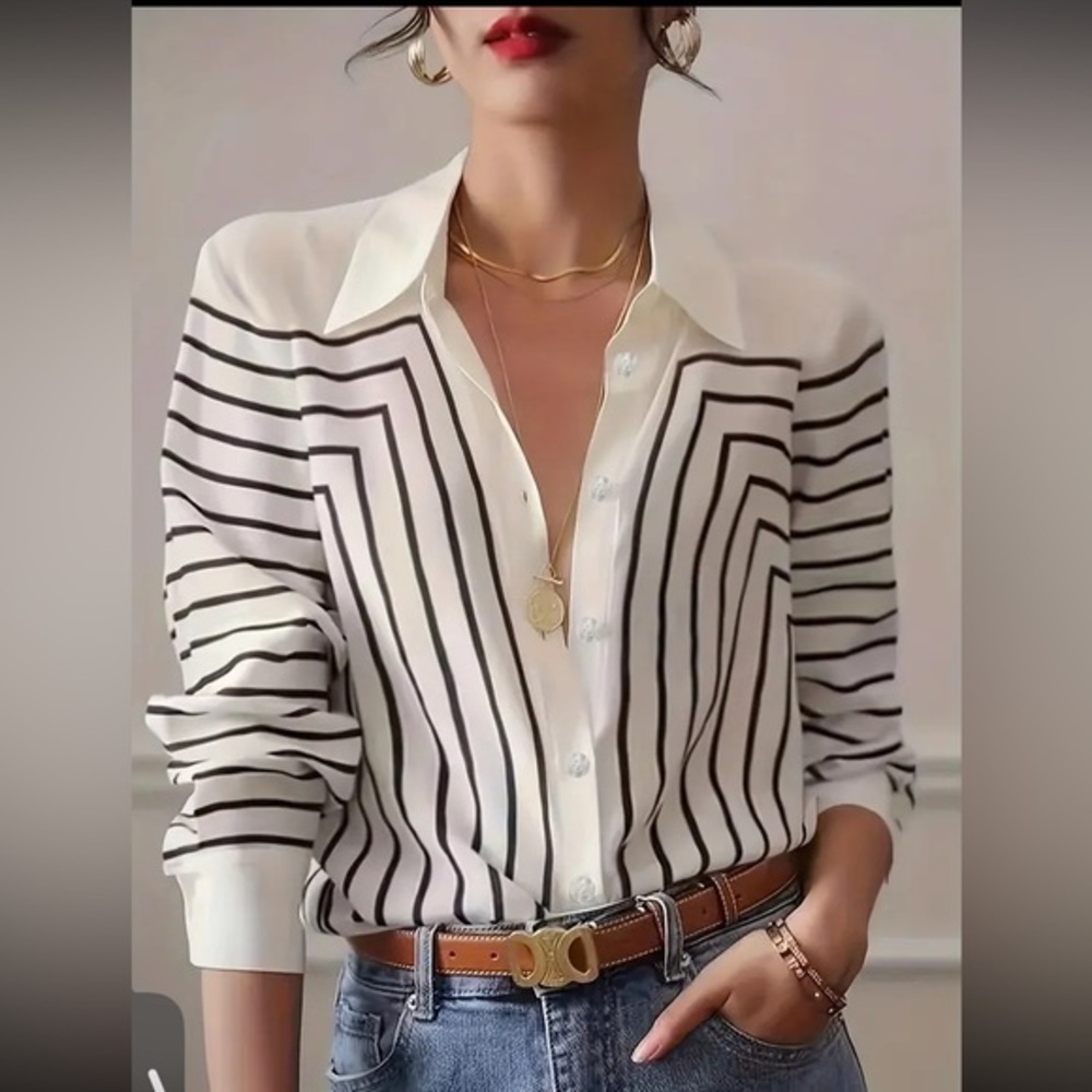 Geo Stripe Button Front Long Sleeve -- Shirt - Black & White - L NWT - Picture 2 of 5